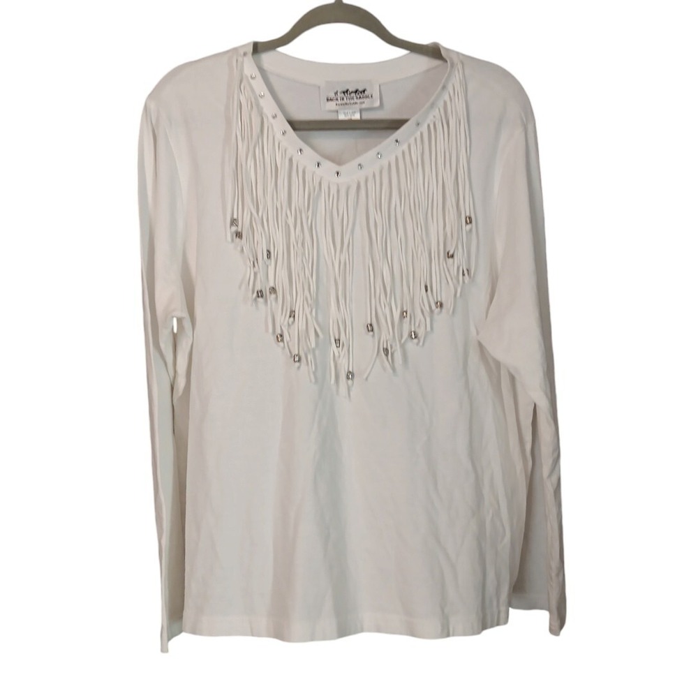 Back In The Saddle White Tassel Bead Jeweled Top Women's Sz XL Long Sleeve